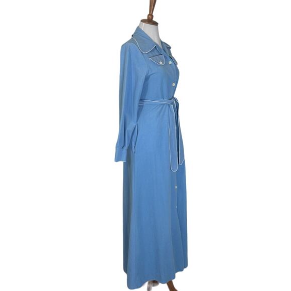 Vintage 1970s Vassarette Blue Velour Maxi Robe Dress XS/S  Lounge Housecoat - Picture 7 of 10